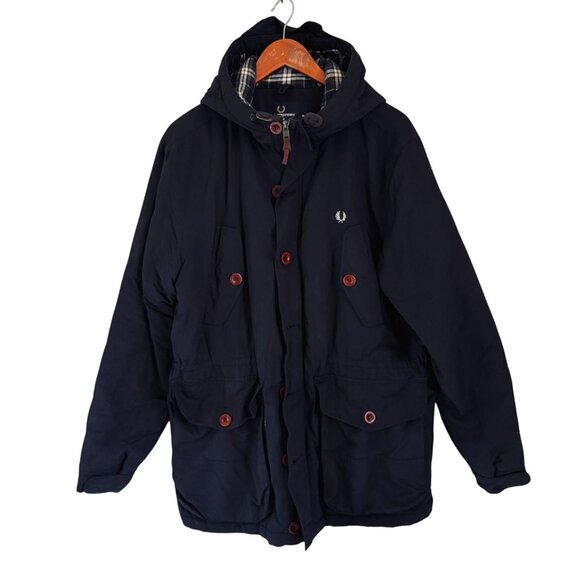 Fred Perry Mens Navy Hooded Parka Jacket With Plaid Lining & Button Details Size - Picture 1 of 9